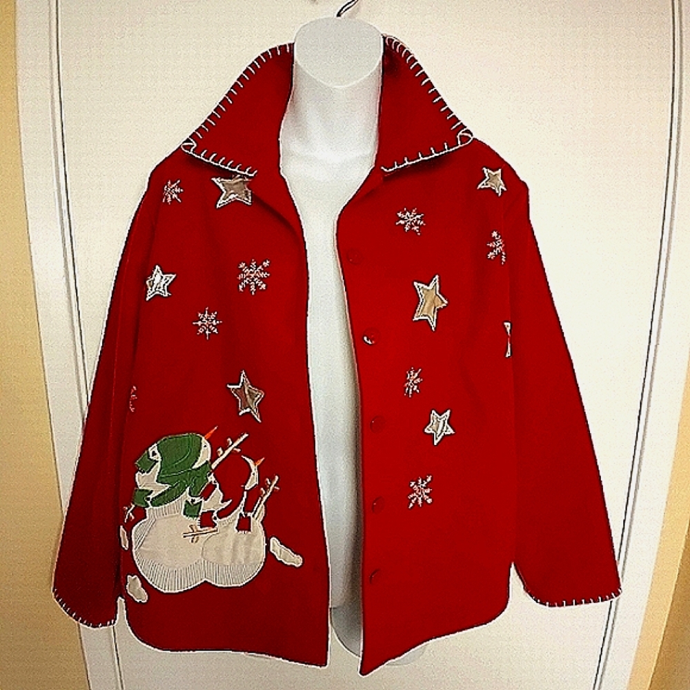 Vtg Take Two Clothing Co. Christmas Wool Embroided Patch Blazer M